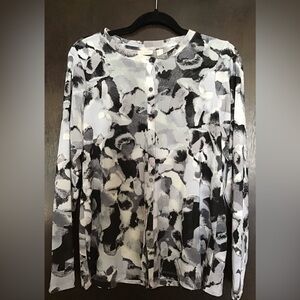 LOGO by Lori Goldstein Black, White & Gray Abstract Button-Up Mesh Cardigan.